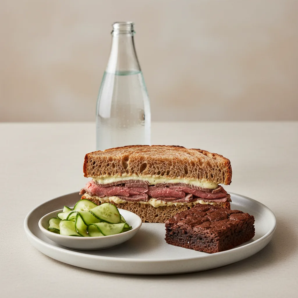 Roast Beef Sandwich, Cucumber Salad, Brownie, Sparkling Water Roast Beef Sandwich, Cucumber Salad, Brownie, Sparkling Water