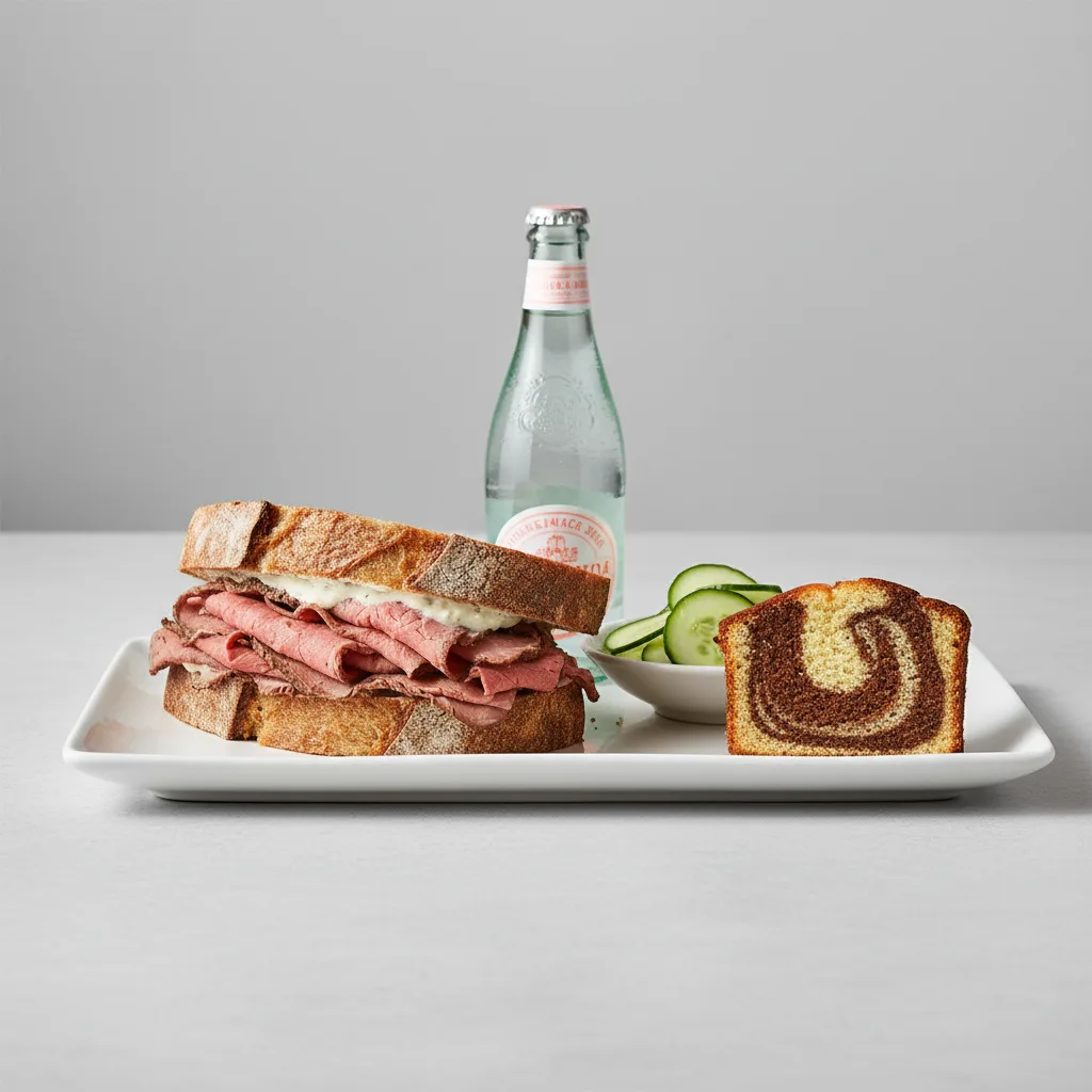 Roast Beef Sandwich, Cucumber Salad, Poundcake, Sparkling Water Roast Beef Sandwich, Cucumber Salad, Poundcake, Sparkling Water
