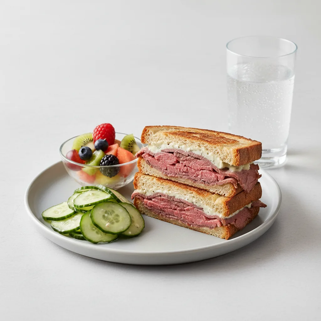 Roast Beef Sandwich, Cucumber Salad, Fruit, Sparkling Water Roast Beef Sandwich, Cucumber Salad, Fruit, Sparkling Water