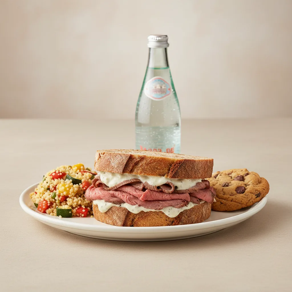 Roast Beef Sandwich, Couscous, Cookie, Sparkling Water Roast Beef Sandwich, Couscous, Cookie, Sparkling Water