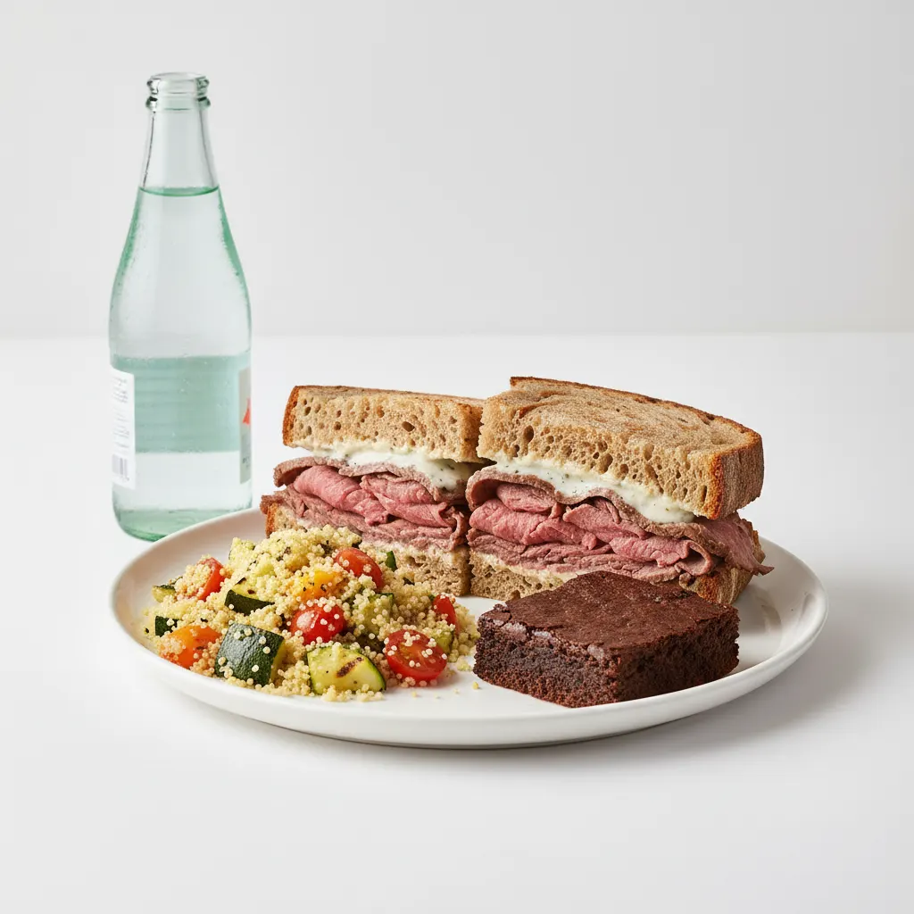 Roast Beef Sandwich, Couscous, Brownie, Sparkling Water Roast Beef Sandwich, Couscous, Brownie, Sparkling Water