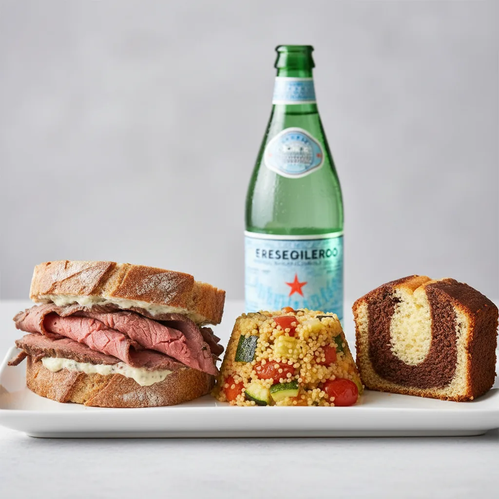 Roast Beef Sandwich, Couscous, Poundcake, Sparkling Water Roast Beef Sandwich, Couscous, Poundcake, Sparkling Water