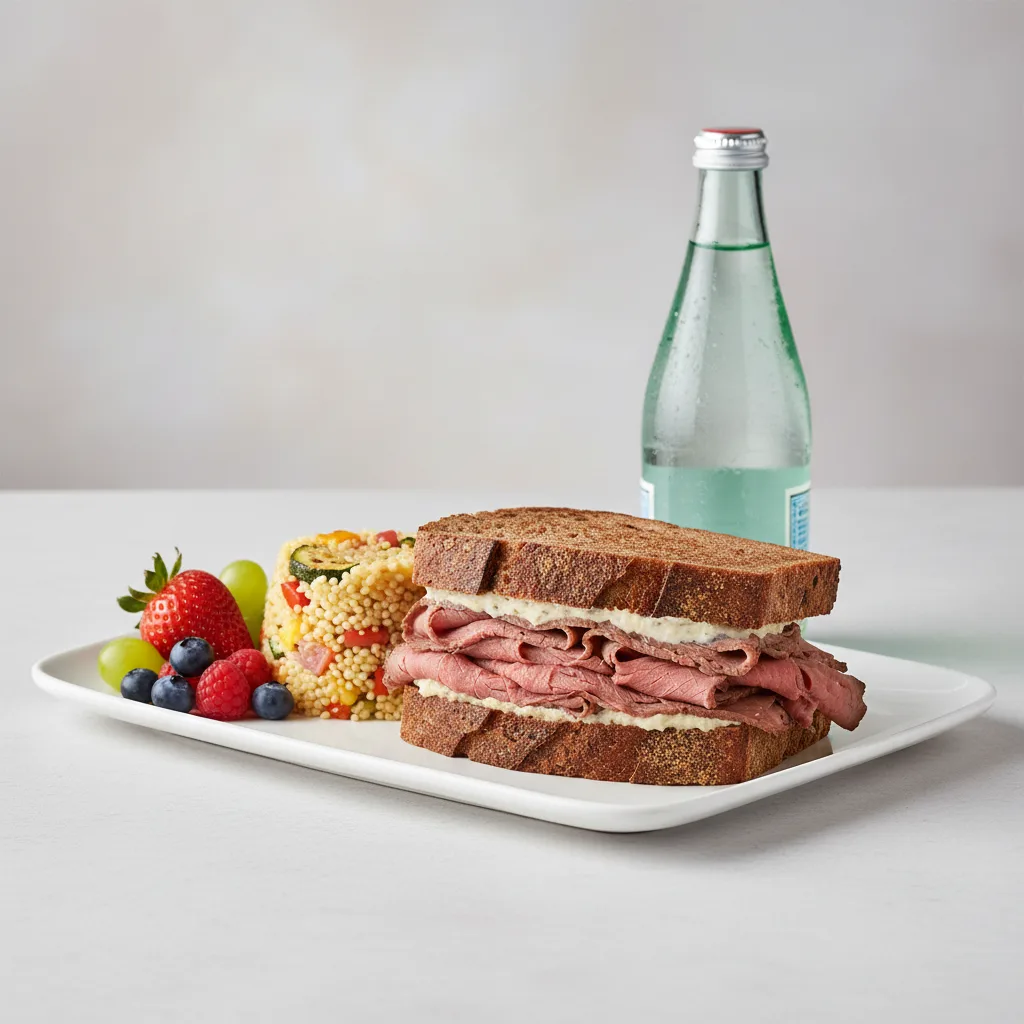 Roast Beef Sandwich, Couscous, Fruit, Sparkling Water Roast Beef Sandwich, Couscous, Fruit, Sparkling Water