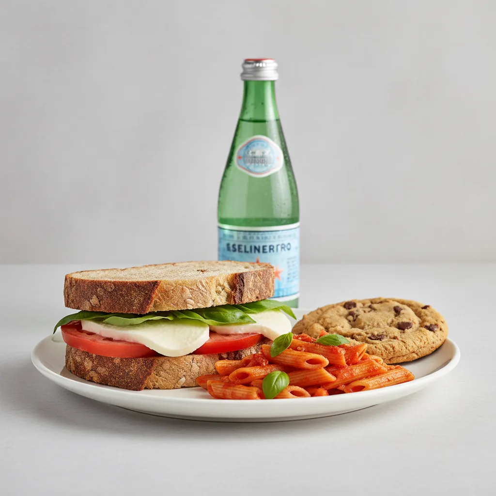 Mozzarella, Tomato, Basil Sandwich, Tomato Basil Penne, Cookie, Sparkling Water Mozzarella, Tomato, Basil Sandwich, Tomato Basil Penne, Cookie, Sparkling Water