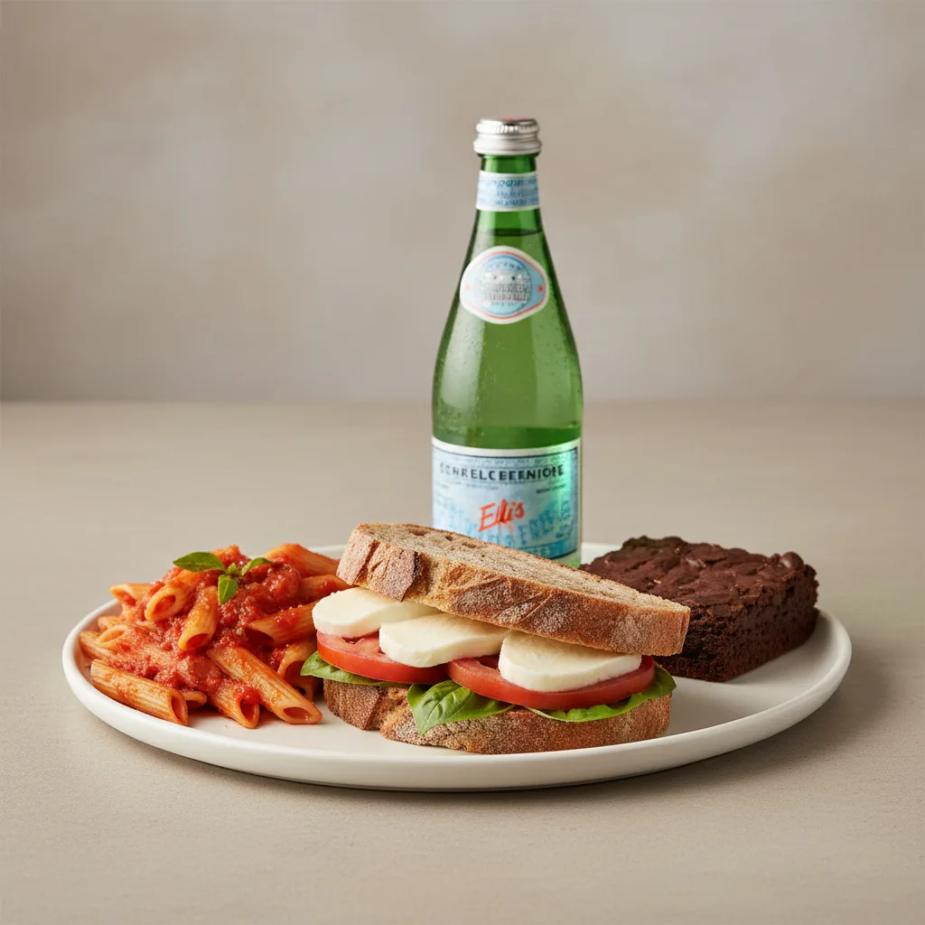 Mozzarella, Tomato, Basil Sandwich, Tomato Basil Penne, Brownie, Sparkling Water Mozzarella, Tomato, Basil Sandwich, Tomato Basil Penne, Brownie, Sparkling Water