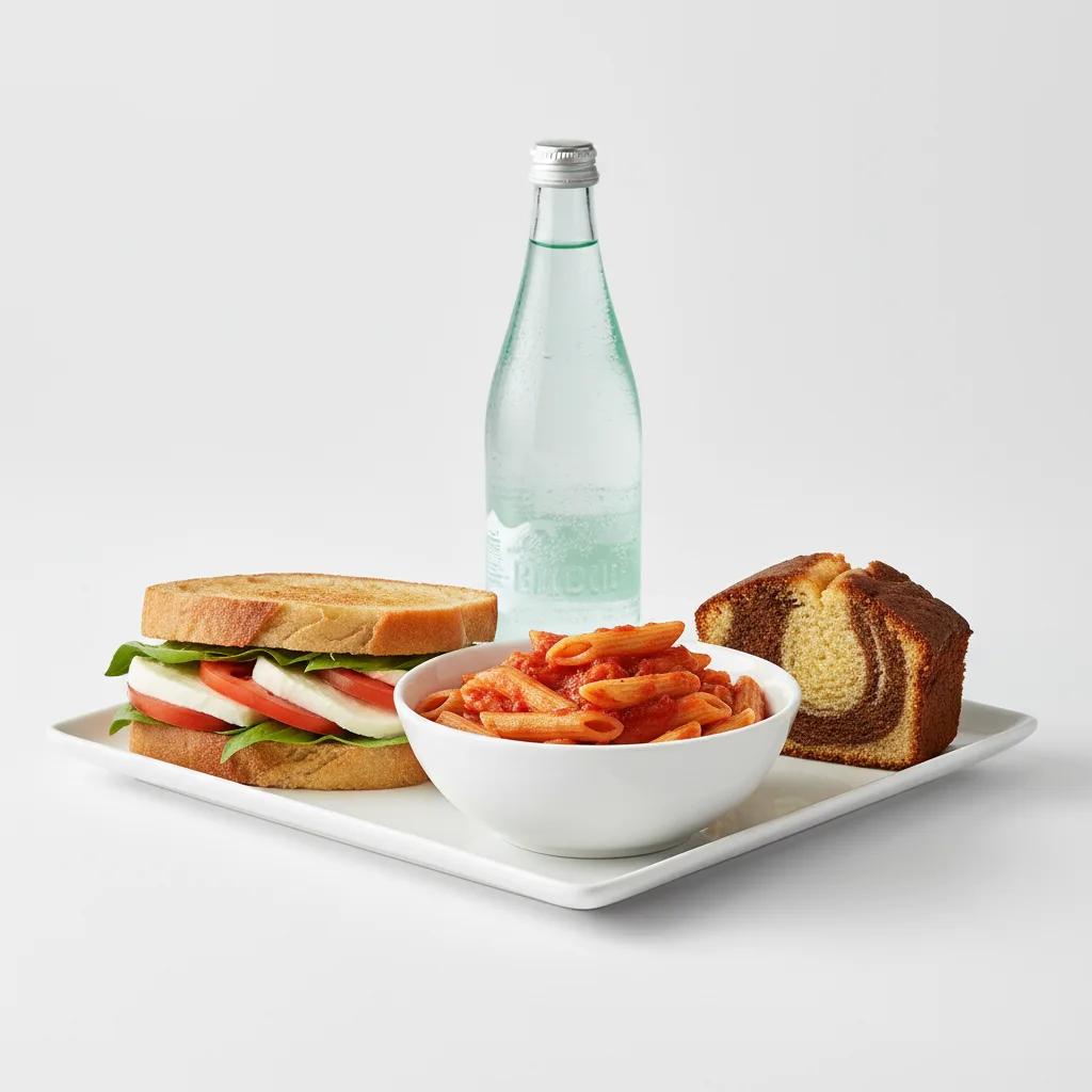 Mozzarella, Tomato Sandwich, Tomato Basil Penne, Poundcake, Sparkling Water Mozzarella, Tomato Sandwich, Tomato Basil Penne, Poundcake, Sparkling Water