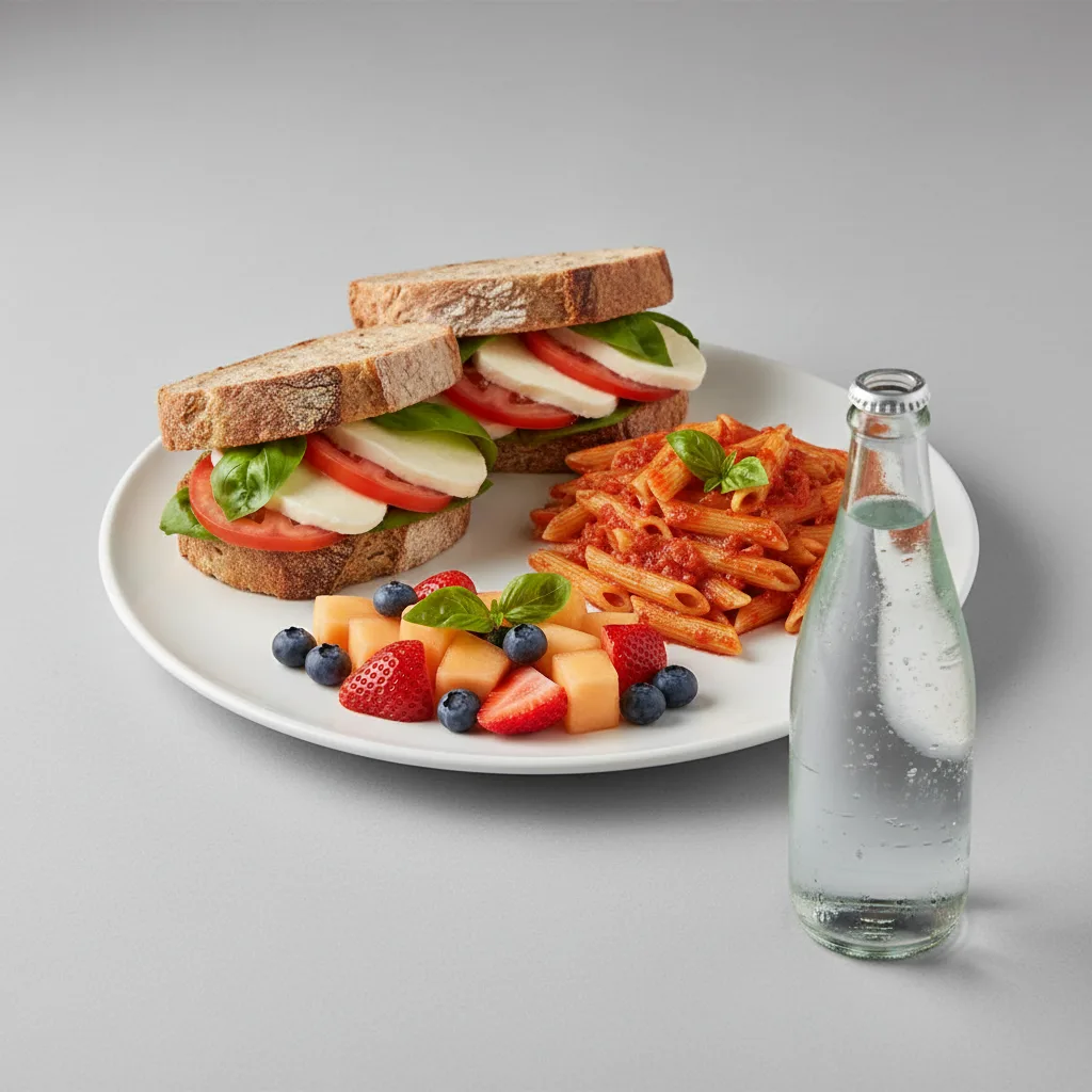 Mozzarella, Tomato, Basil Sandwich, Tomato Basil Penne, Fruit, Sparkling Water Mozzarella, Tomato, Basil Sandwich, Tomato Basil Penne, Fruit, Sparkling Water