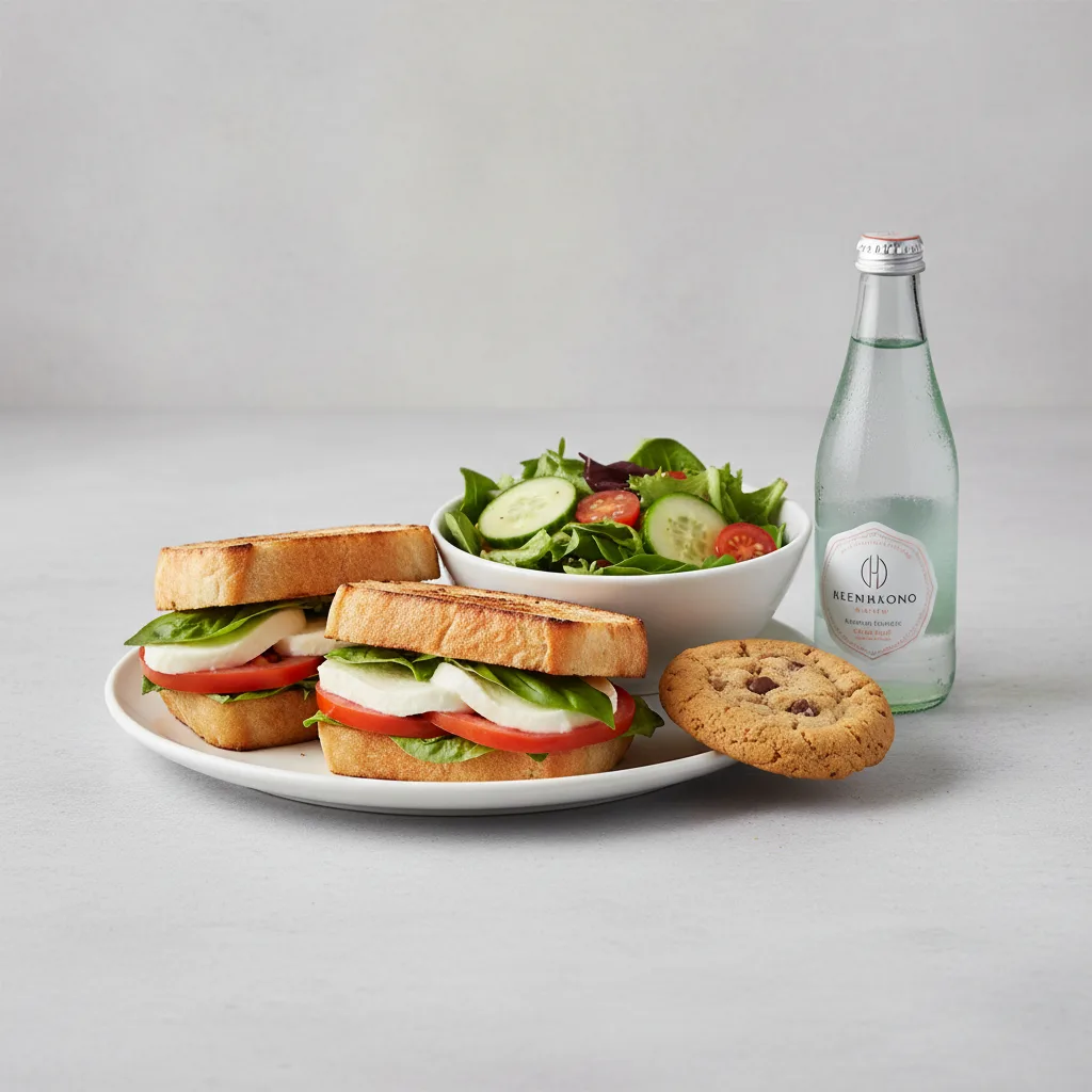 Mozzarella, Tomato and Basil Sandwich, House Salad, Cookie, Sparkling Water Mozzarella, Tomato and Basil Sandwich, House Salad, Cookie, Sparkling Water