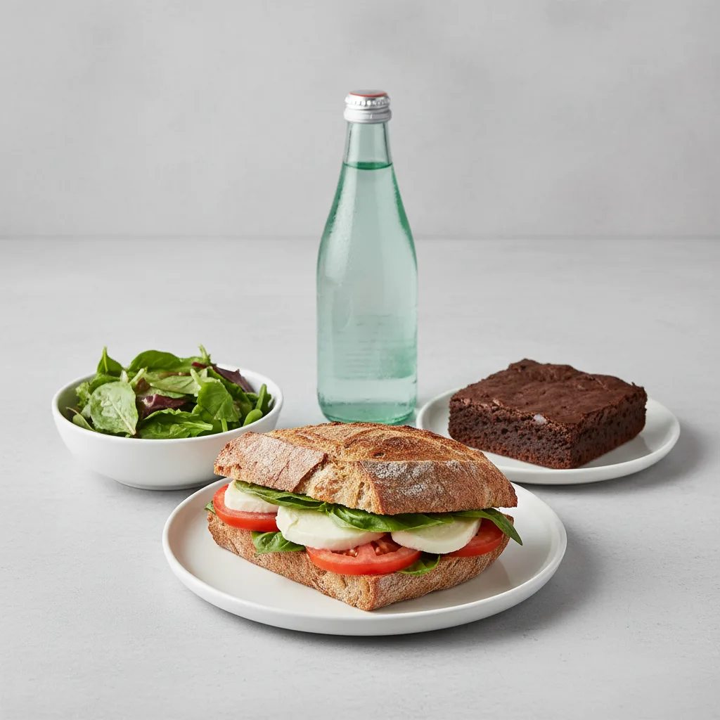 Mozzarella, Tomato and Basil Sandwich, House Salad, Brownie, Sparkling Water Mozzarella, Tomato and Basil Sandwich, House Salad, Brownie, Sparkling Water
