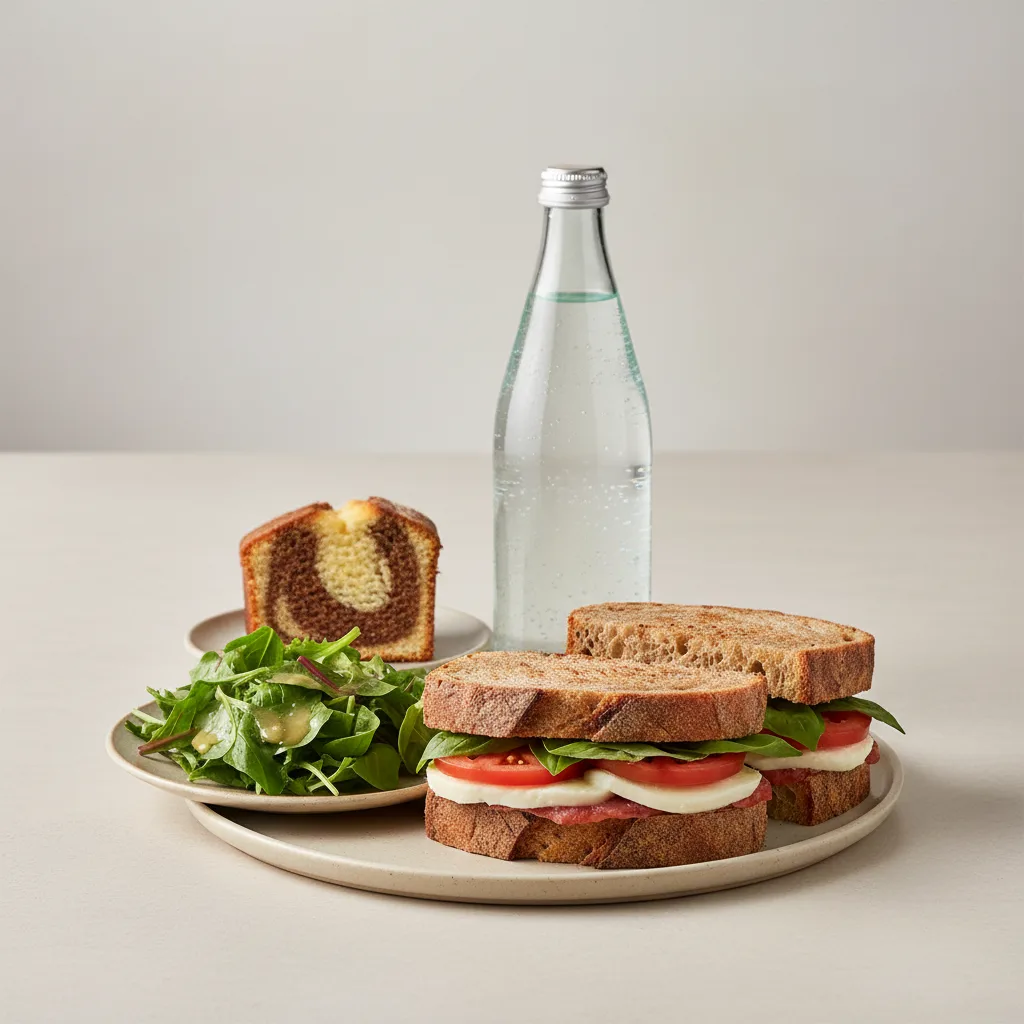 Mozzarella, Tomato and Basil Sandwich, House Salad, Poundcake, Sparkling Water Mozzarella, Tomato and Basil Sandwich, House Salad, Poundcake, Sparkling Water