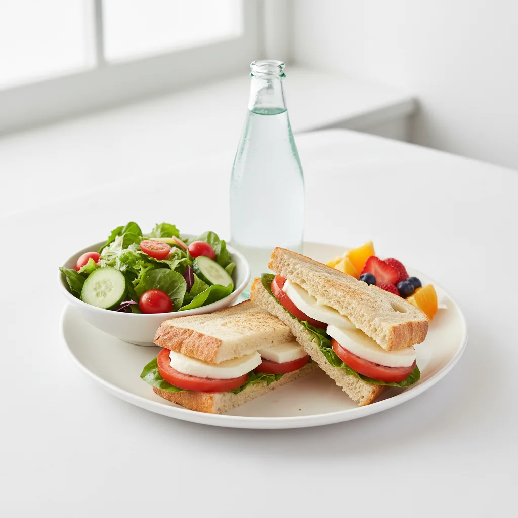 Mozzarella, Tomato and Basil Sandwich, House Salad, Fruit, Sparkling Water Mozzarella, Tomato and Basil Sandwich, House Salad, Fruit, Sparkling Water