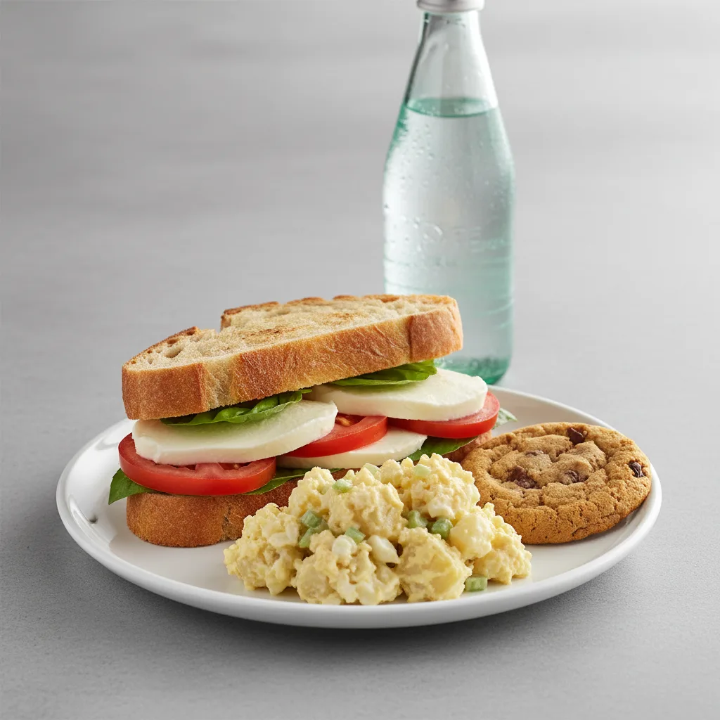 Mozzarella, Tomato and Basil Sandwich, Potato Salad, Cookie, Sparkling Water Mozzarella, Tomato and Basil Sandwich, Potato Salad, Cookie, Sparkling Water