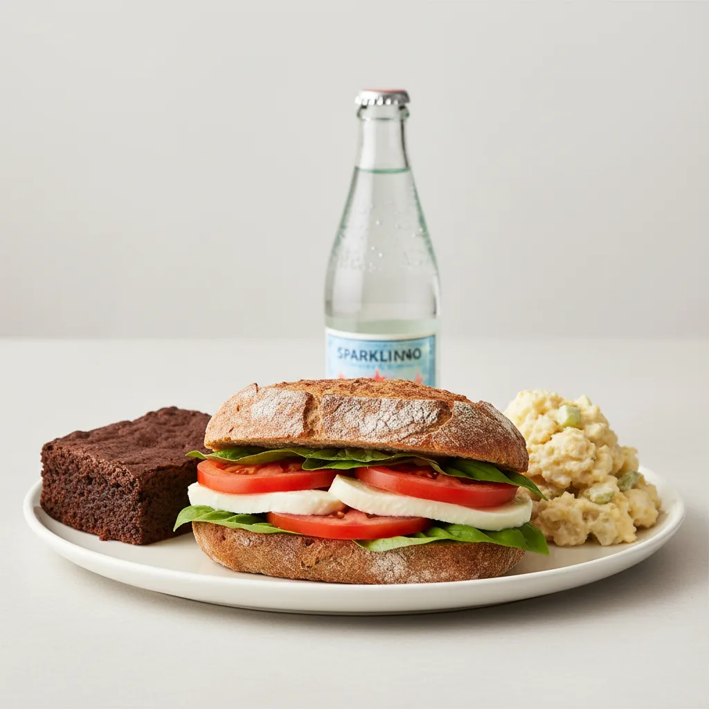Mozzarella, Tomato and Basil Sandwich, Potato Salad, Brownie, Sparkling Water Mozzarella, Tomato and Basil Sandwich, Potato Salad, Brownie, Sparkling Water