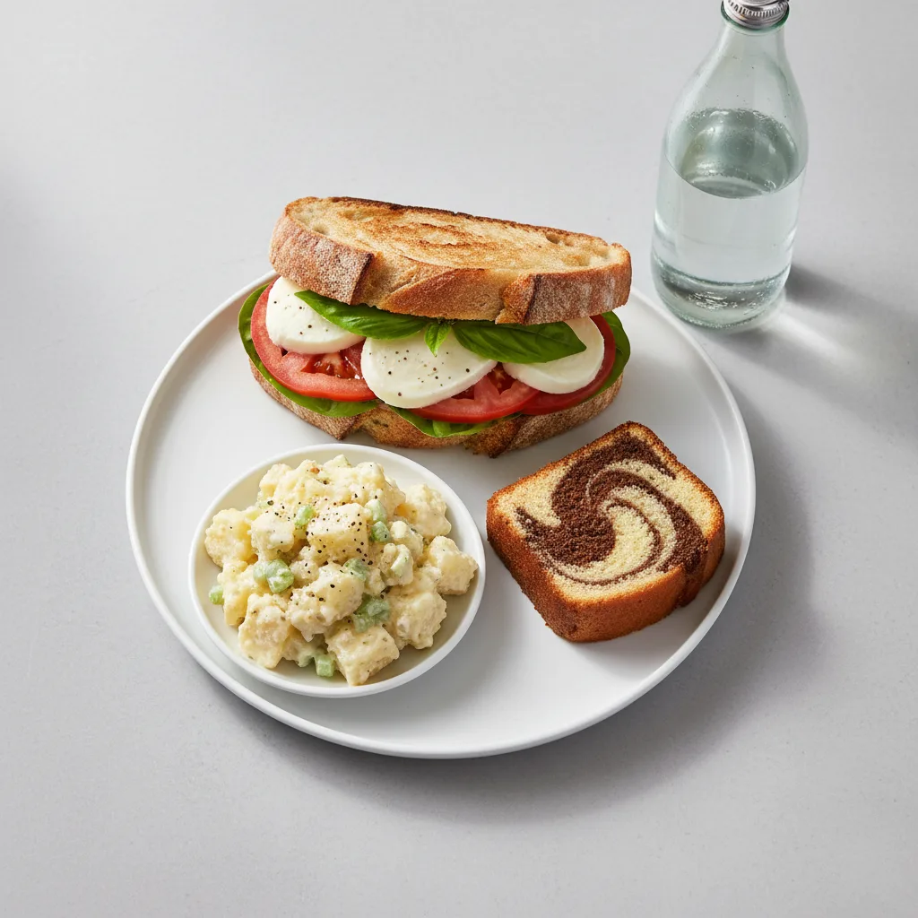 Mozzarella, Tomato and Basil Sandwich, Potato Salad, Poundcake, Sparkling Water Mozzarella, Tomato and Basil Sandwich, Potato Salad, Poundcake, Sparkling Water