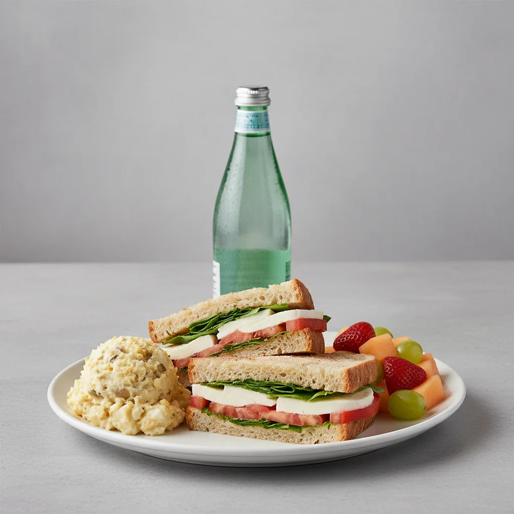 Mozzarella, Tomato and Basil Sandwich, Potato Salad, Fruit, Sparkling Water Mozzarella, Tomato and Basil Sandwich, Potato Salad, Fruit, Sparkling Water