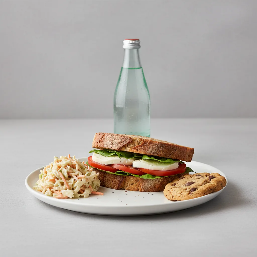 Mozzarella, Tomato and Basil Sandwich, Coleslaw, Cookie, Sparkling Water Mozzarella, Tomato and Basil Sandwich, Coleslaw, Cookie, Sparkling Water