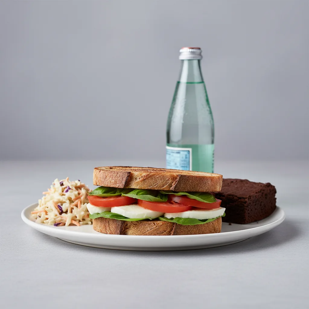 Mozzarella, Tomato and Basil Sandwich, Coleslaw, Brownie, Sparkling Water Mozzarella, Tomato and Basil Sandwich, Coleslaw, Brownie, Sparkling Water