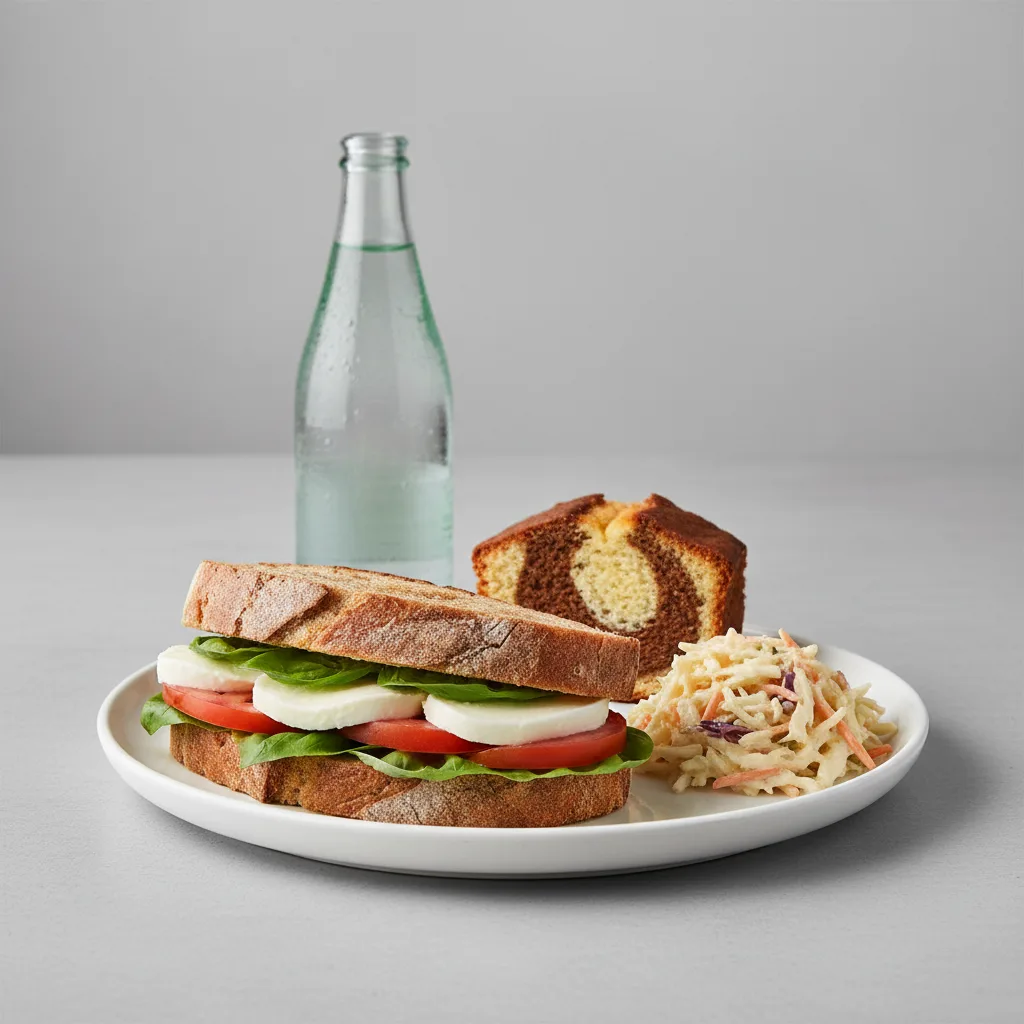 Mozzarella, Tomato and Basil Sandwich, Coleslaw, Poundcake, Sparkling Water Mozzarella, Tomato and Basil Sandwich, Coleslaw, Poundcake, Sparkling Water