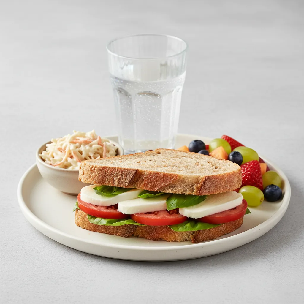 Mozzarella, Tomato and Basil Sandwich, Coleslaw, Fruit, Sparkling Water Mozzarella, Tomato and Basil Sandwich, Coleslaw, Fruit, Sparkling Water