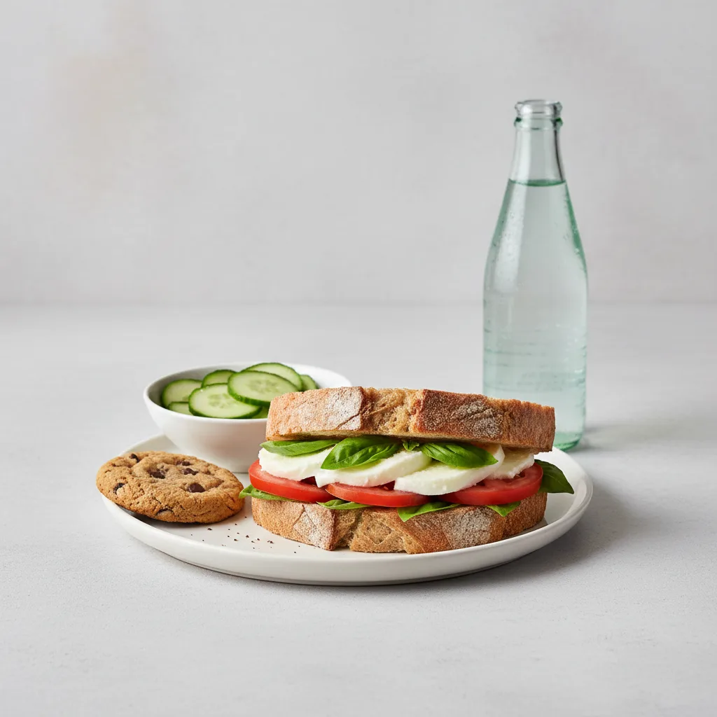 Mozzarella, Tomato and Basil Sandwich, Cucumber Salad, Cookie, Sparkling Water Mozzarella, Tomato and Basil Sandwich, Cucumber Salad, Cookie, Sparkling Water