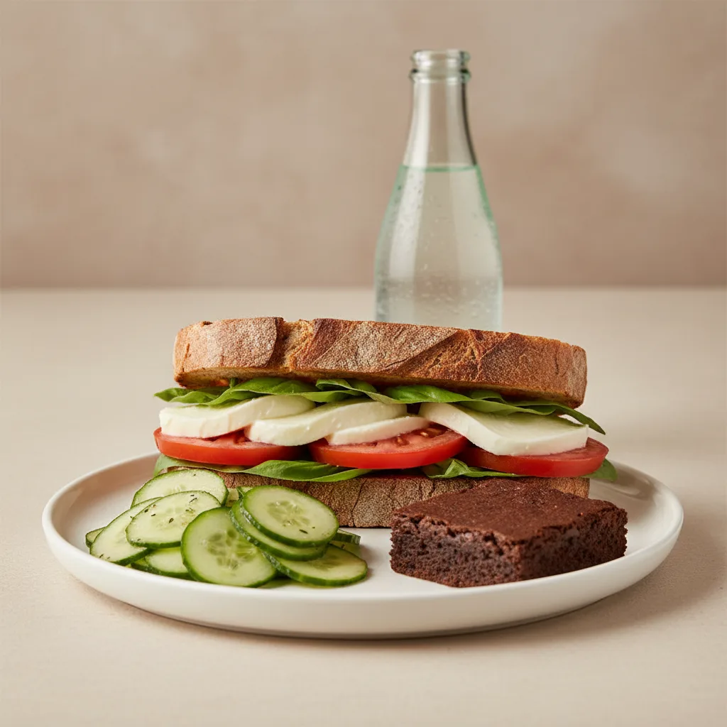 Mozzarella, Tomato and Basil Sandwich, Cucumber Salad, Brownie, Sparkling Water Mozzarella, Tomato and Basil Sandwich, Cucumber Salad, Brownie, Sparkling Water
