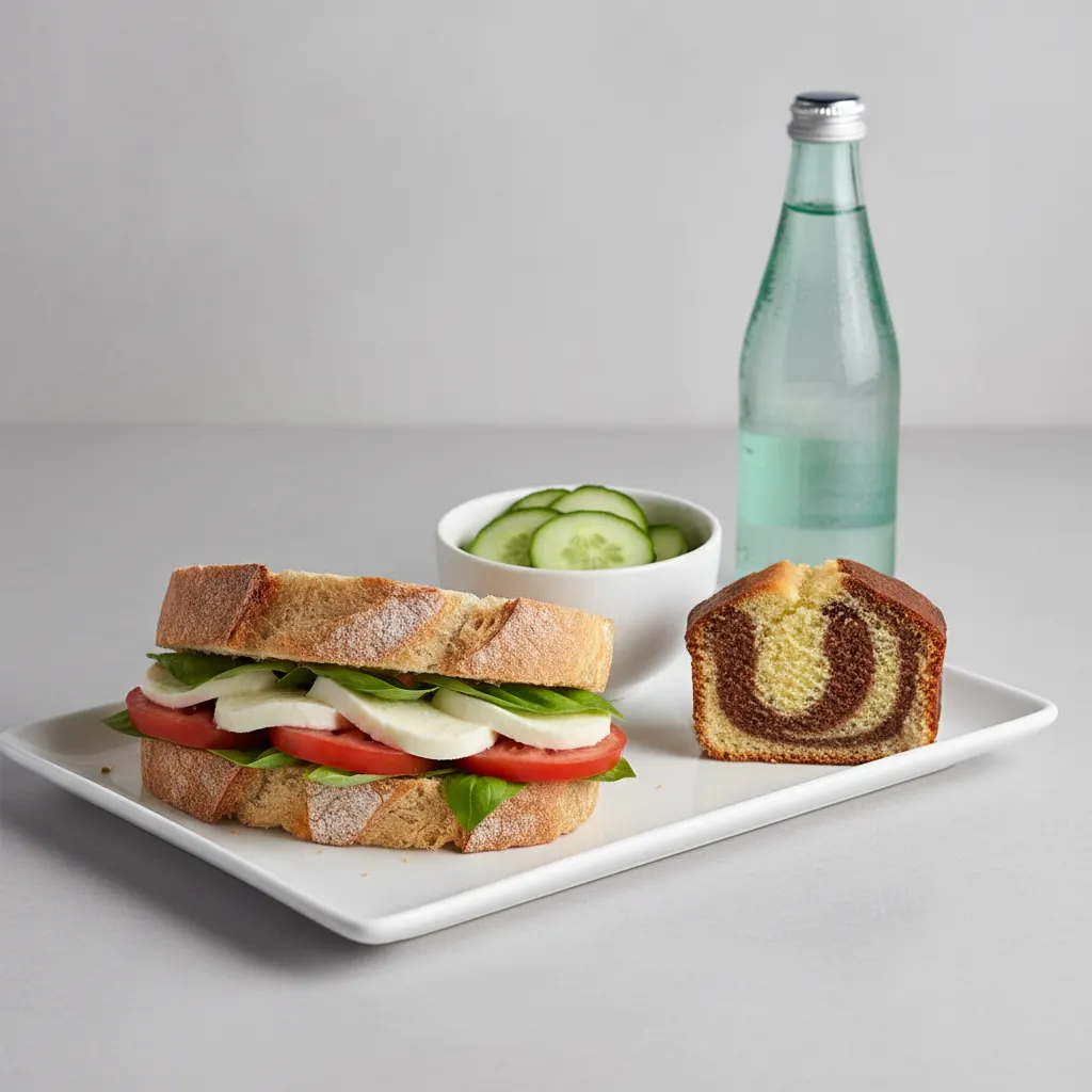 Mozzarella, Tomato Basil Sandwich, Cucumber Salad, Poundcake, Sparkling Water Mozzarella, Tomato Basil Sandwich, Cucumber Salad, Poundcake, Sparkling Water