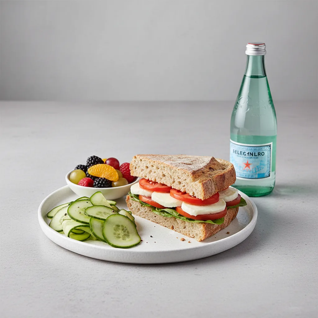 Mozzarella, Tomato and Basil Sandwich, Cucumber Salad, Fruit, Sparkling Water Mozzarella, Tomato and Basil Sandwich, Cucumber Salad, Fruit, Sparkling Water