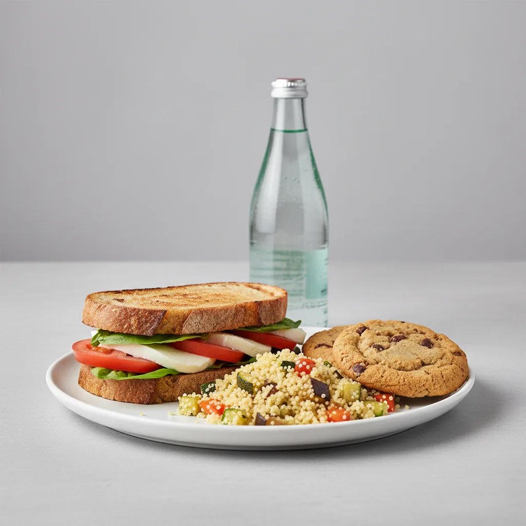 Mozzarella, Tomato and Basil Sandwich, Couscous, Cookie, Sparkling Water Mozzarella, Tomato and Basil Sandwich, Couscous, Cookie, Sparkling Water