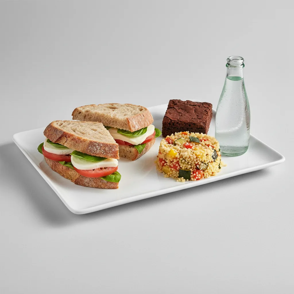 Mozzarella, Tomato and Basil Sandwich, Couscous, Brownie, Sparkling Water Mozzarella, Tomato and Basil Sandwich, Couscous, Brownie, Sparkling Water