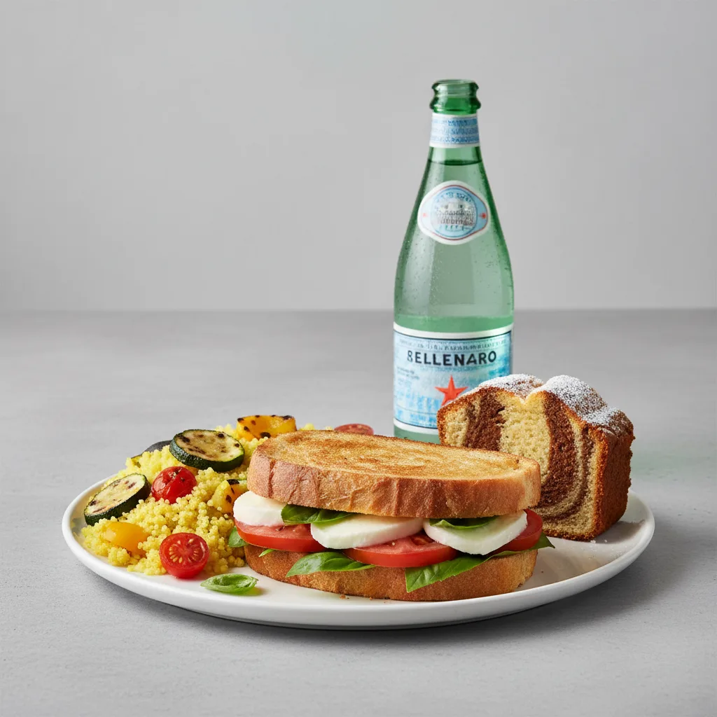Mozzarella, Tomato and Basil Sandwich, Couscous, Poundcake, Sparkling Water Mozzarella, Tomato and Basil Sandwich, Couscous, Poundcake, Sparkling Water