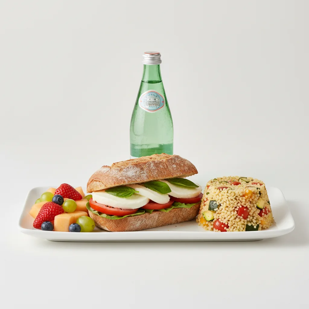 Mozzarella, Tomato and Basil Sandwich, Couscous, Fruit, Sparkling Water Mozzarella, Tomato and Basil Sandwich, Couscous, Fruit, Sparkling Water