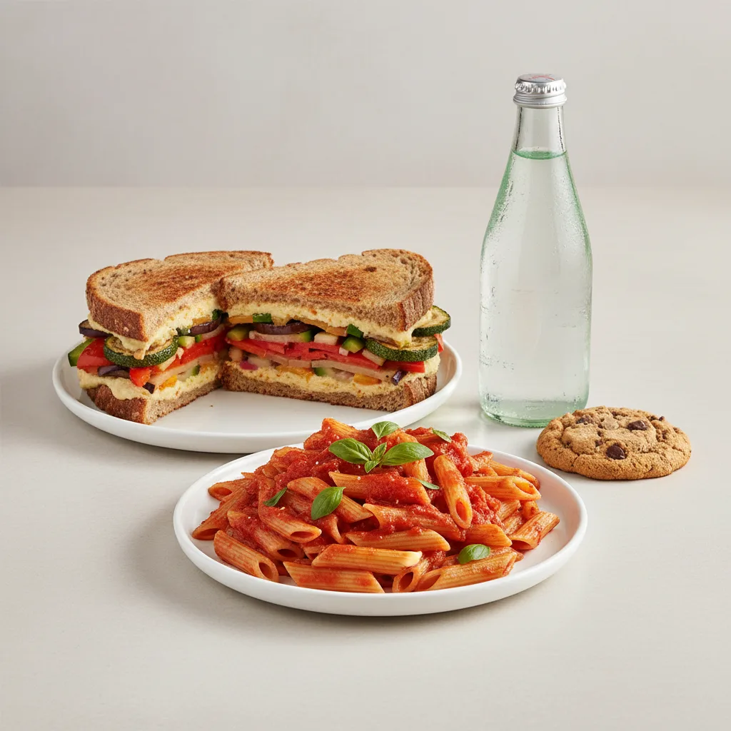 Grilled Vegetable Sandwich, Tomato Basil Penne, Cookie, Sparkling Water Grilled Vegetable Sandwich, Tomato Basil Penne, Cookie, Sparkling Water