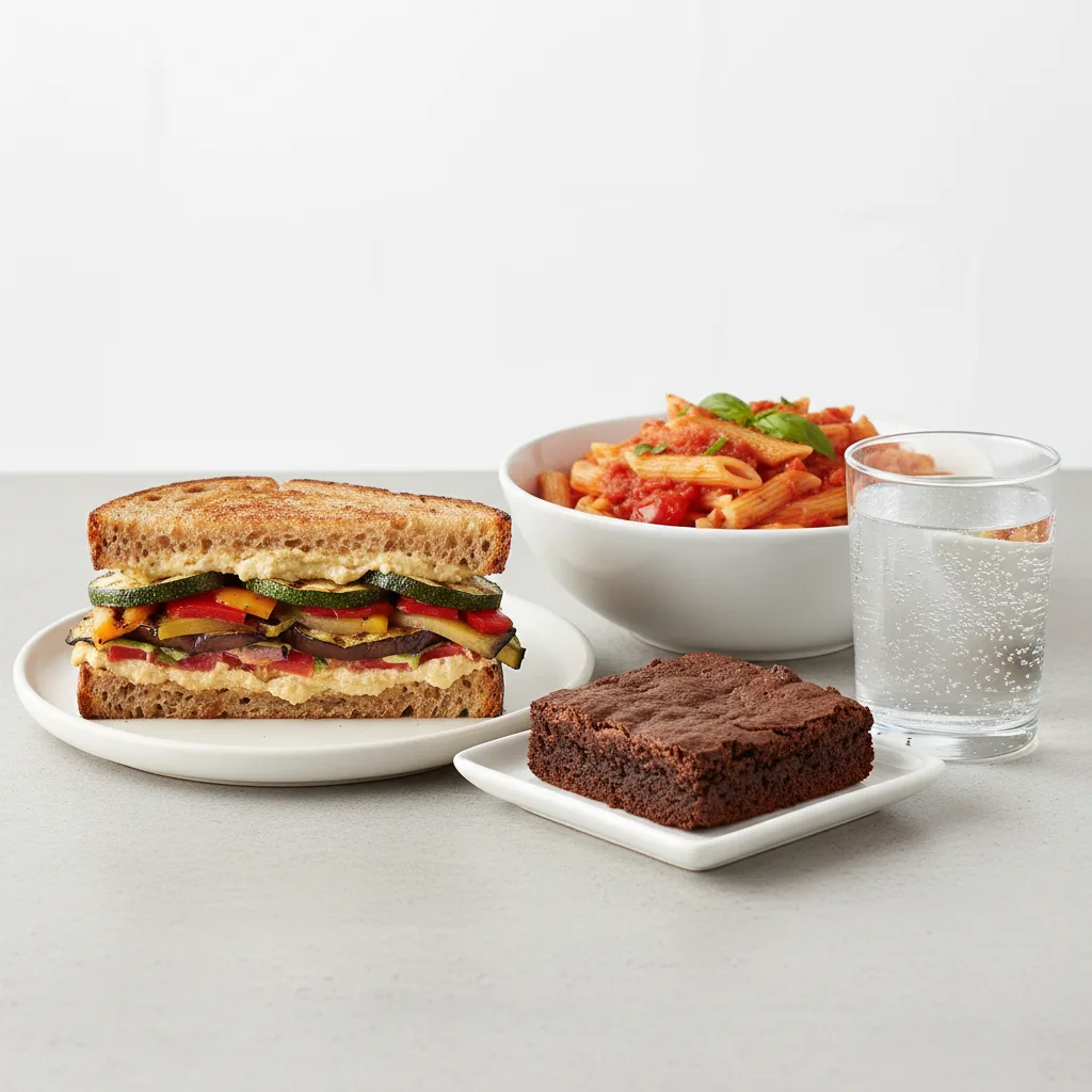 Grilled Vegetable Sandwich, Tomato Basil Penne, Brownie, Sparkling Water Grilled Vegetable Sandwich, Tomato Basil Penne, Brownie, Sparkling Water