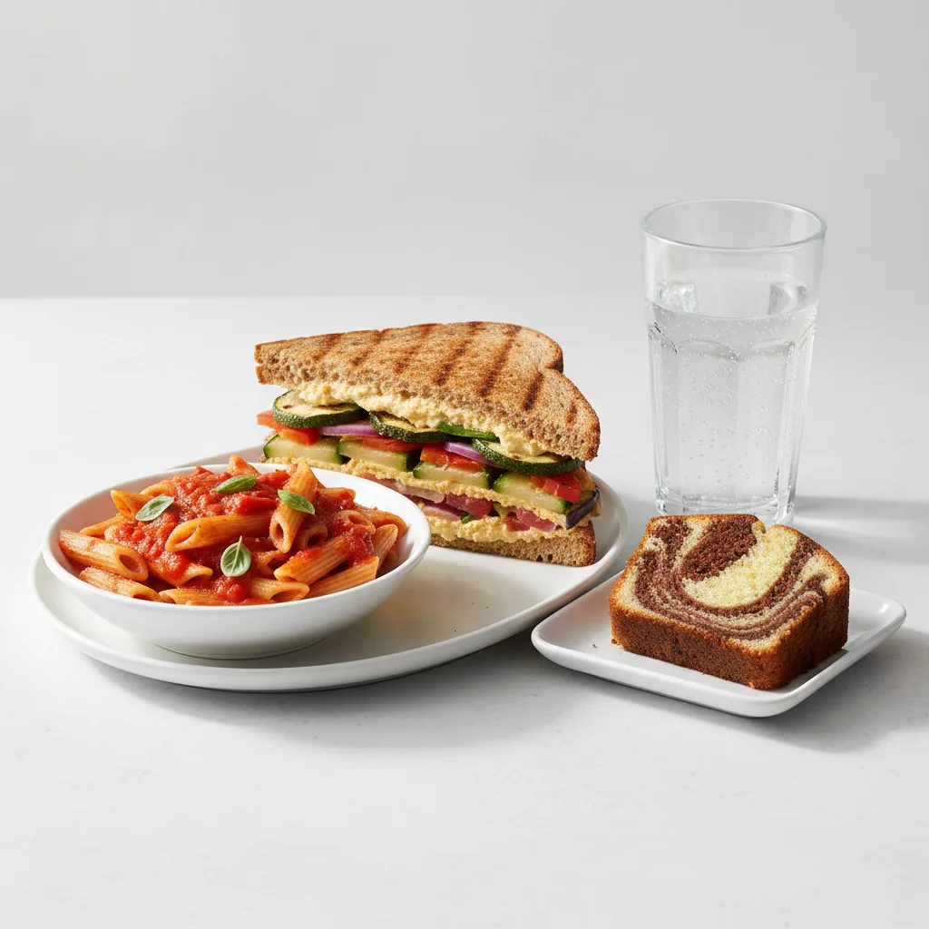 Grilled Vegetable Sandwich, Tomato Basil Penne, Poundcake, Sparkling Water Grilled Vegetable Sandwich, Tomato Basil Penne, Poundcake, Sparkling Water