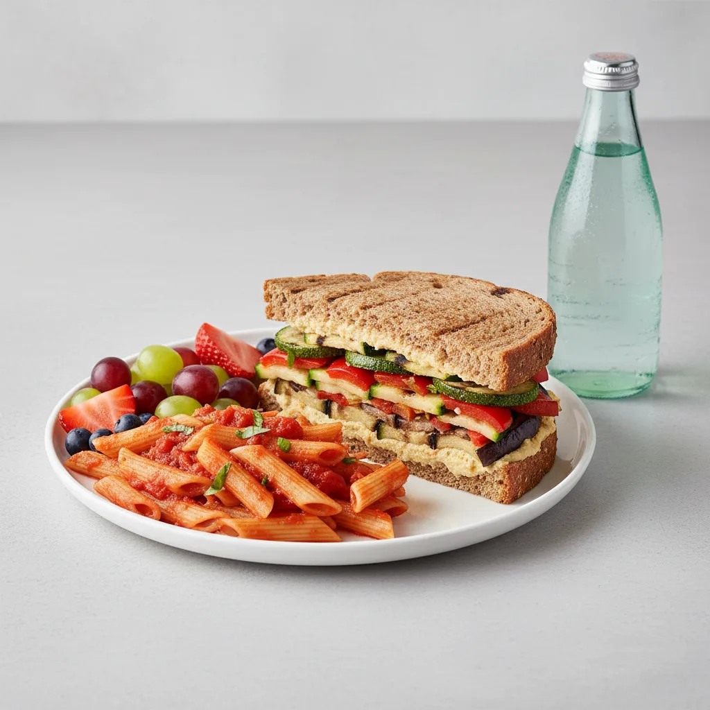 Grilled Vegetable Sandwich, Tomato Basil Penne, Fruit, Sparkling Water Grilled Vegetable Sandwich, Tomato Basil Penne, Fruit, Sparkling Water