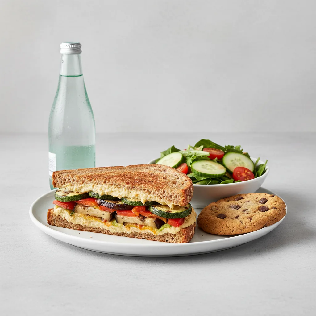 Grilled Vegetable Sandwich, House Salad, Cookie, Sparkling Water Grilled Vegetable Sandwich, House Salad, Cookie, Sparkling Water
