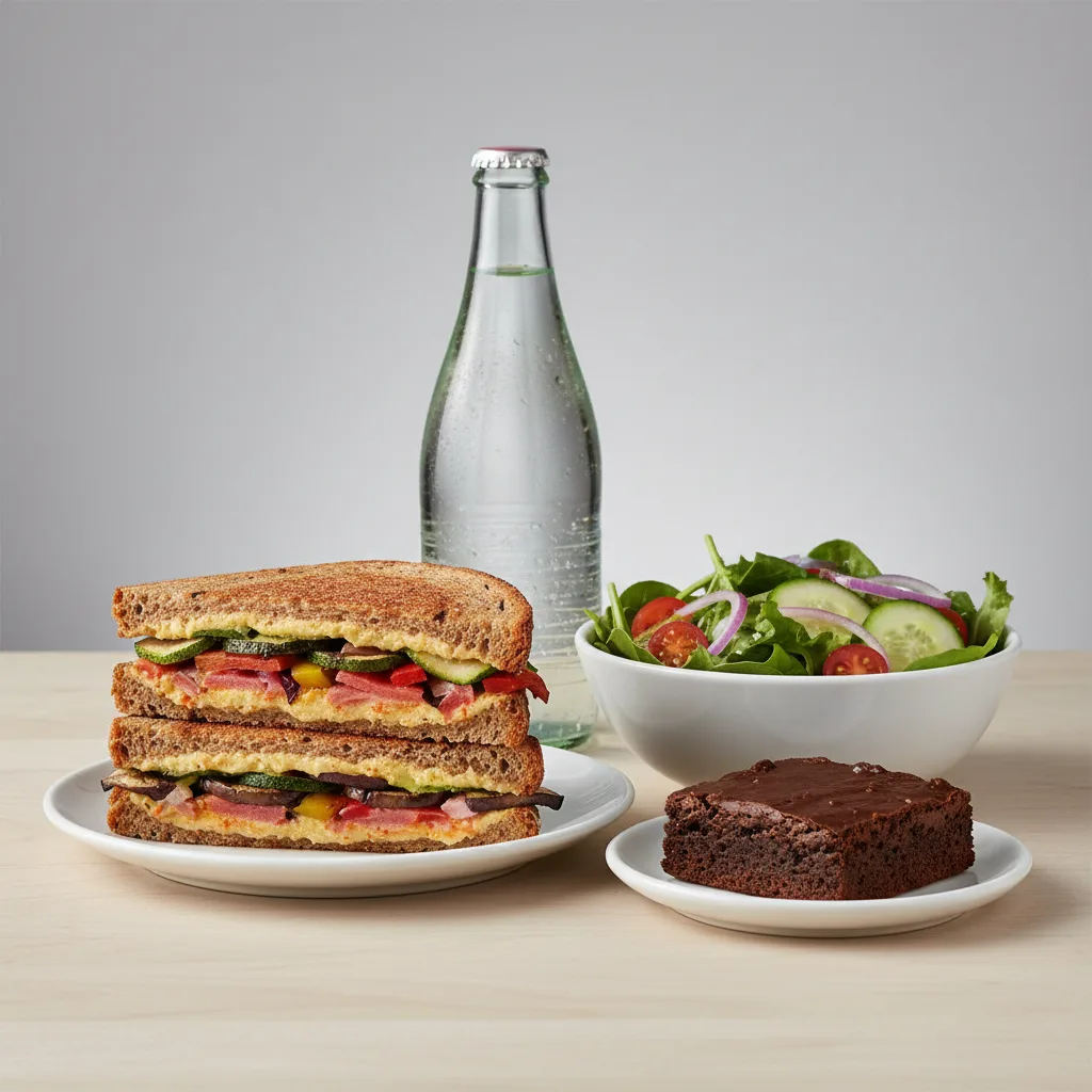 Grilled Vegetable Sandwich, House Salad, Brownie, Sparkling Water Grilled Vegetable Sandwich, House Salad, Brownie, Sparkling Water