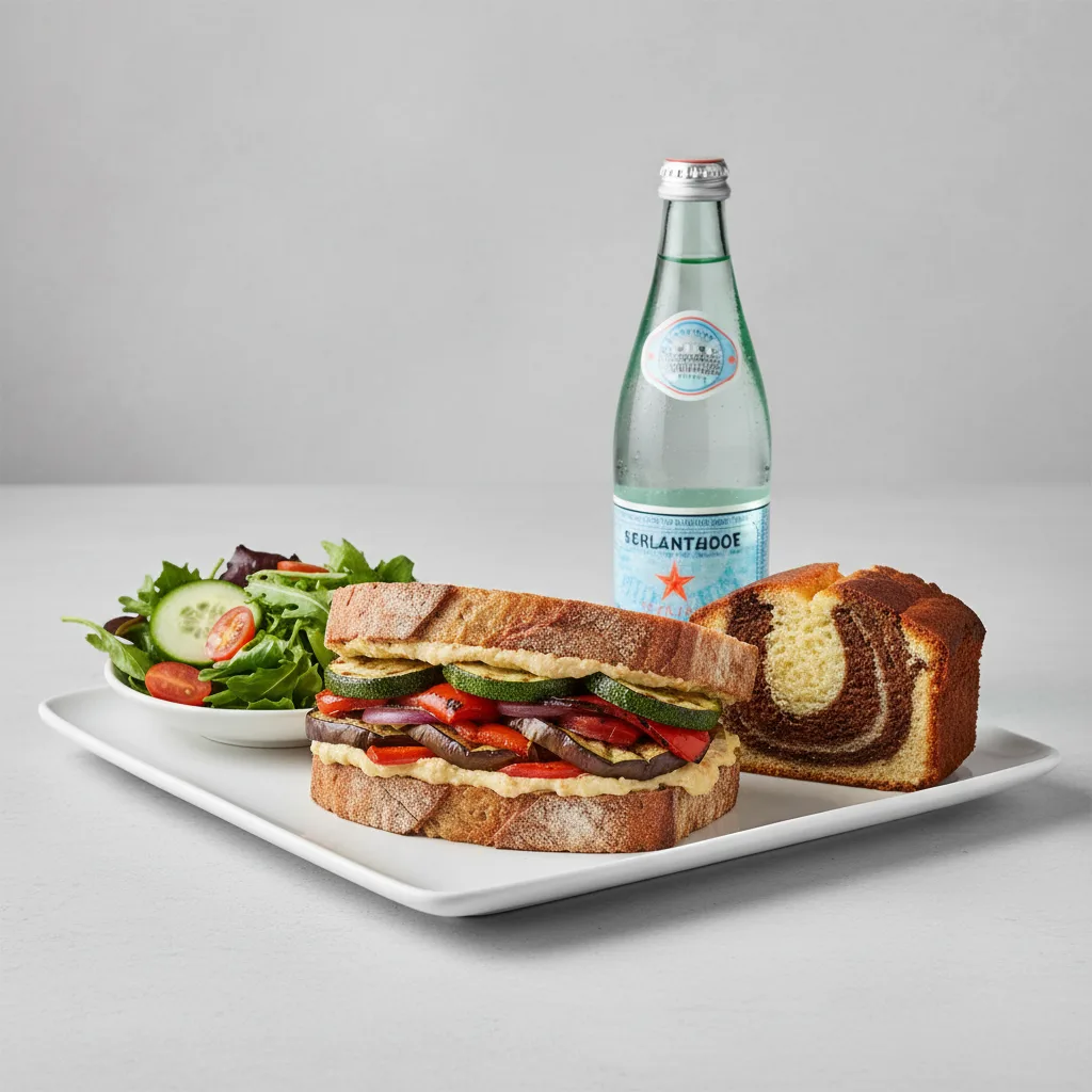 Grilled Vegetable Sandwich, House Salad, Poundcake, Sparkling Water Grilled Vegetable Sandwich, House Salad, Poundcake, Sparkling Water