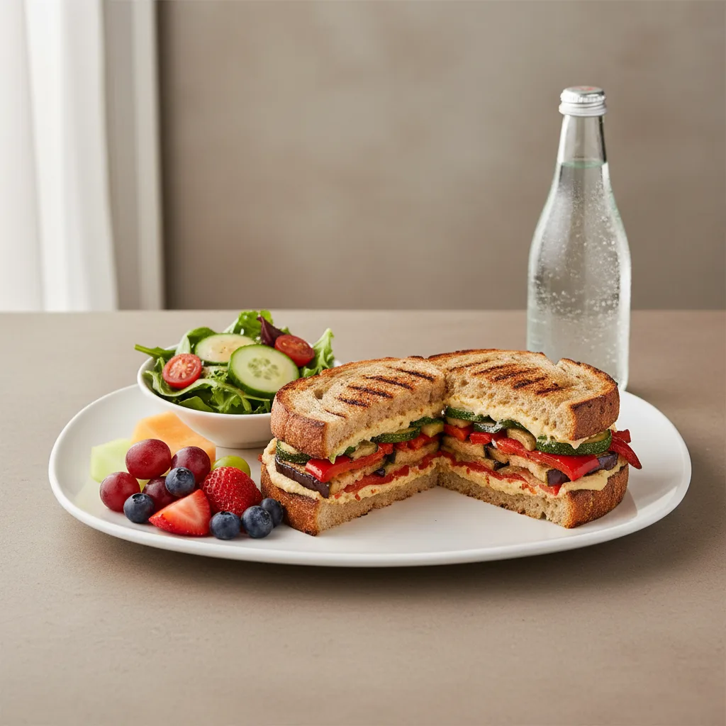 Grilled Vegetable Sandwich, House Salad, Fruit, Sparkling Water Grilled Vegetable Sandwich, House Salad, Fruit, Sparkling Water