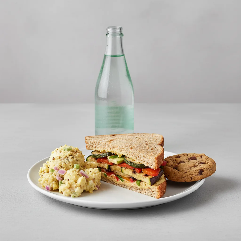 Grilled Vegetable Sandwich, Potato Salad, Cookie, Sparkling Water Grilled Vegetable Sandwich, Potato Salad, Cookie, Sparkling Water