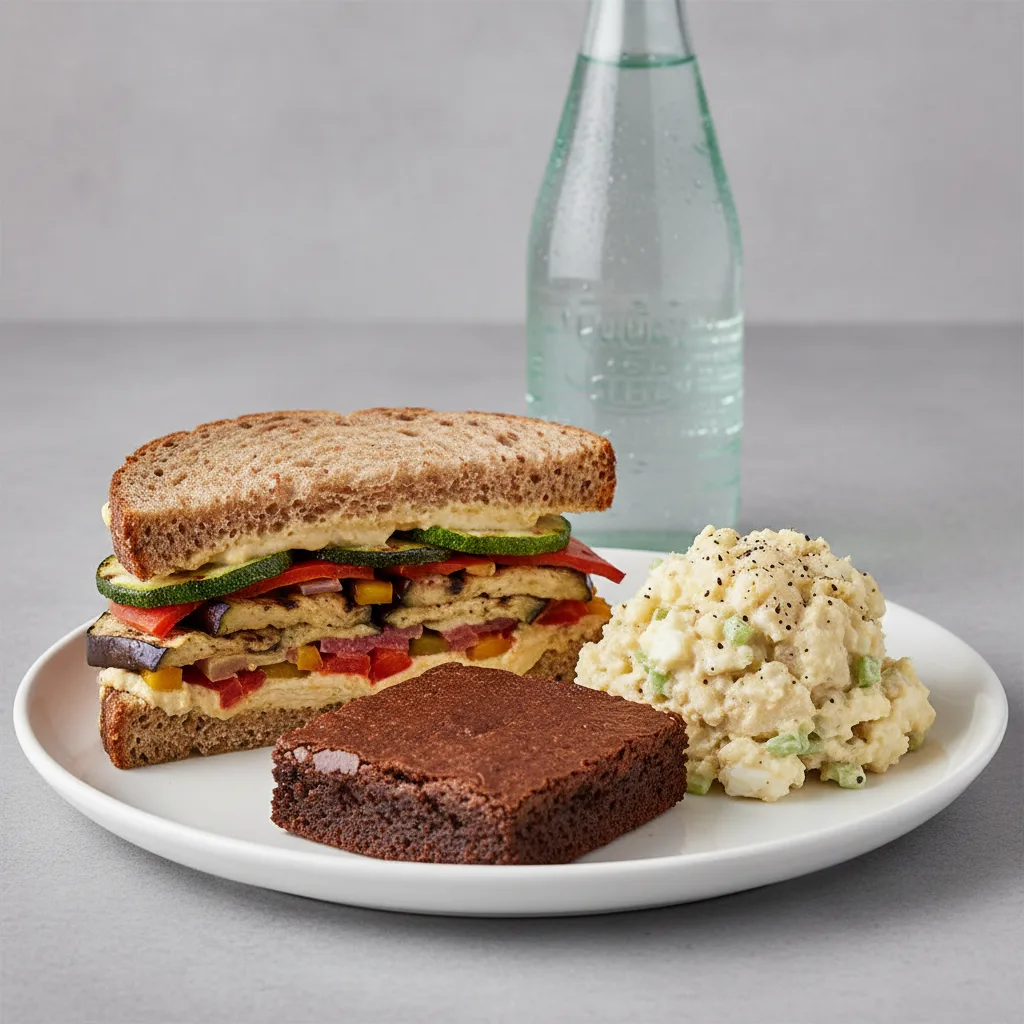 Grilled Vegetable Sandwich, Potato Salad, Brownie, Sparkling Water Grilled Vegetable Sandwich, Potato Salad, Brownie, Sparkling Water