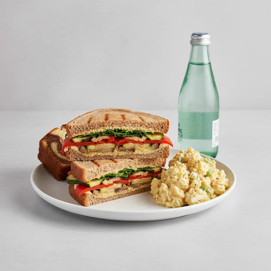 Grilled Vegetable Sandwich, Potato Salad, Poundcake, Sparkling Water Grilled Vegetable Sandwich, Potato Salad, Poundcake, Sparkling Water
