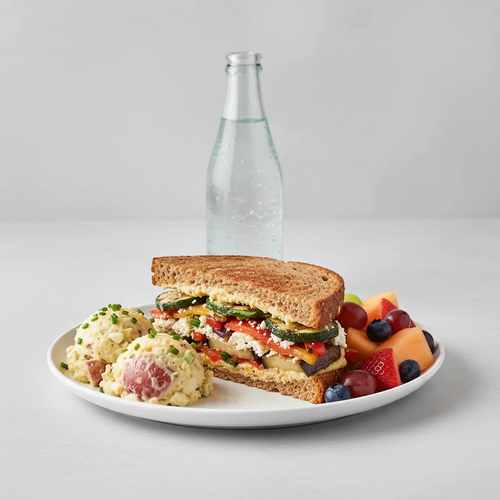 Grilled Vegetable Sandwich, Potato Salad, Fruit, Sparkling Water Grilled Vegetable Sandwich, Potato Salad, Fruit, Sparkling Water