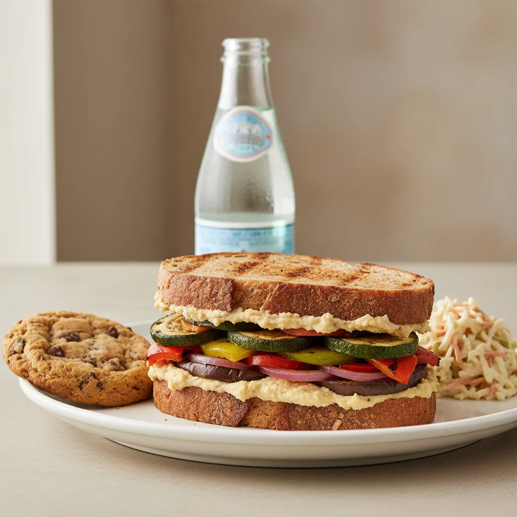 Grilled Vegetable Sandwich, Coleslaw, Cookie, Sparkling Water Grilled Vegetable Sandwich, Coleslaw, Cookie, Sparkling Water