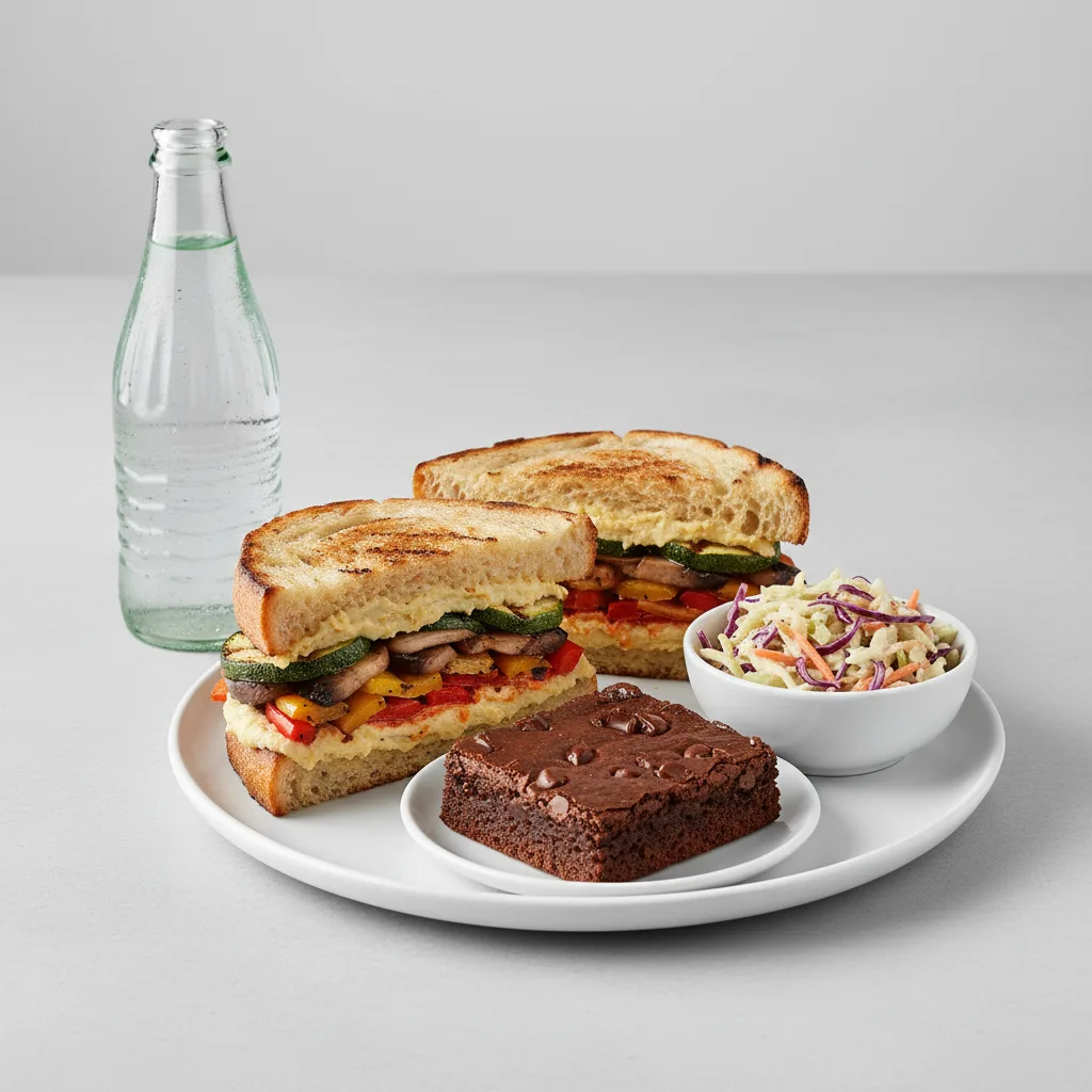 Grilled Vegetable Sandwich, Coleslaw, Brownie, Sparkling Water Grilled Vegetable Sandwich, Coleslaw, Brownie, Sparkling Water