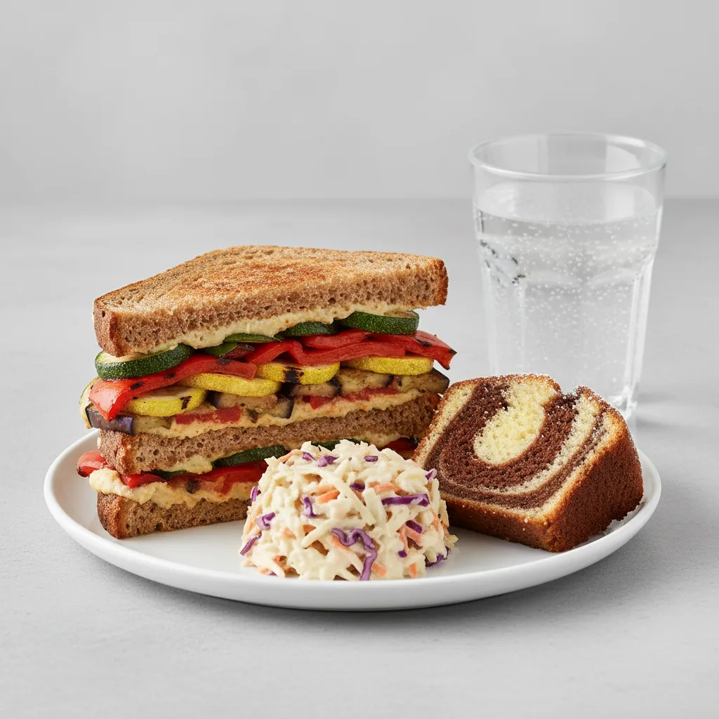 Grilled Vegetable Sandwich, Coleslaw, Poundcake, Sparkling Water Grilled Vegetable Sandwich, Coleslaw, Poundcake, Sparkling Water