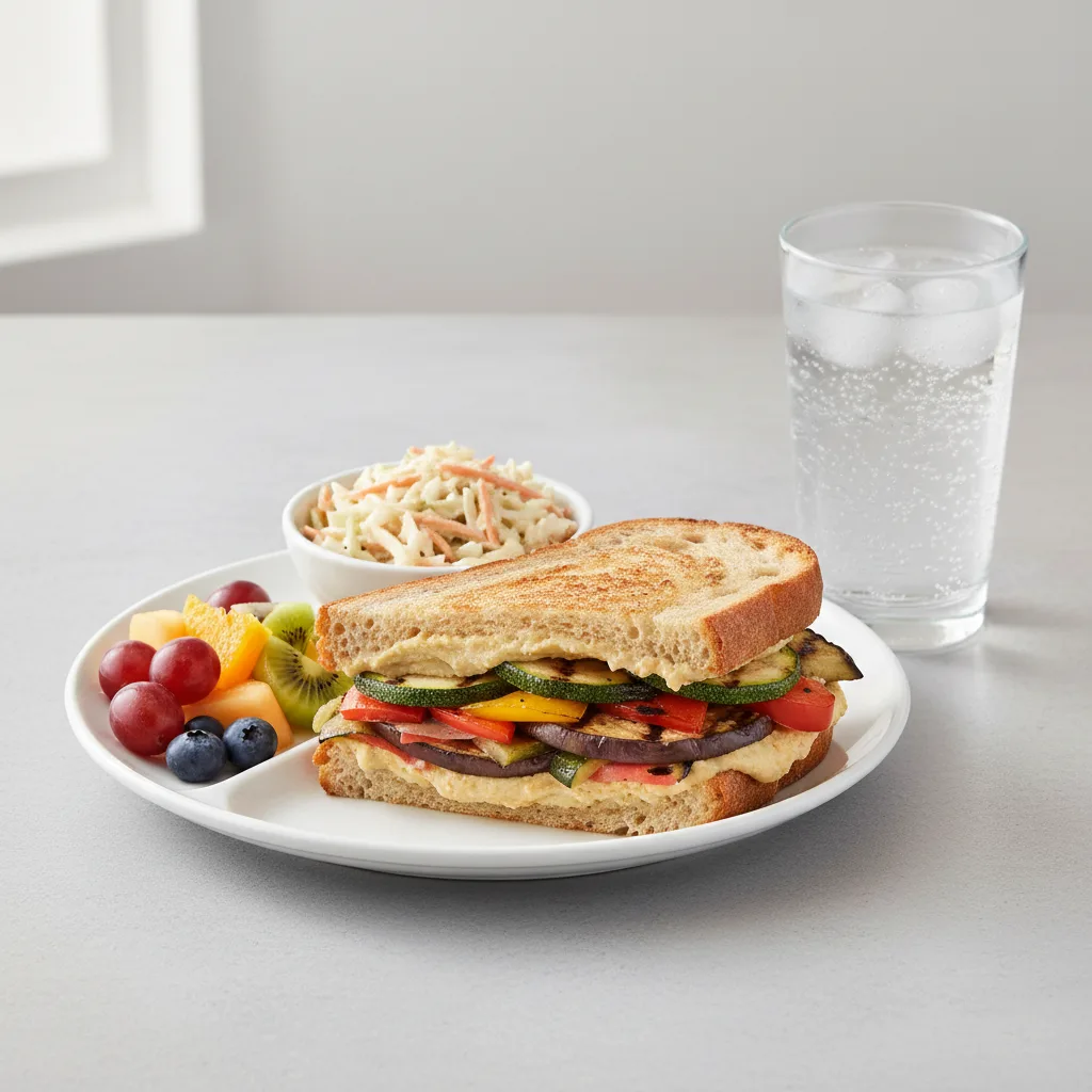 Grilled Vegetable Sandwich, Coleslaw, Fruit, Sparkling Water Grilled Vegetable Sandwich, Coleslaw, Fruit, Sparkling Water