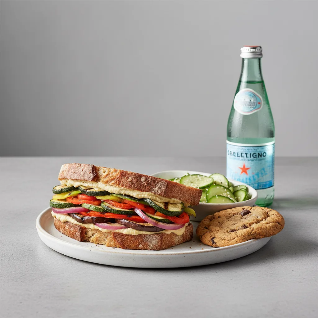 Grilled Vegetable Sandwich, Cucumber Salad, Cookie, Sparkling Water Grilled Vegetable Sandwich, Cucumber Salad, Cookie, Sparkling Water