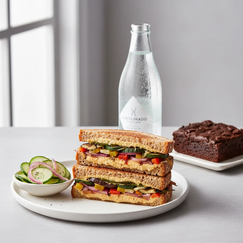 Grilled Vegetable Sandwich, Cucumber Salad, Brownie, Sparkling Water Grilled Vegetable Sandwich, Cucumber Salad, Brownie, Sparkling Water