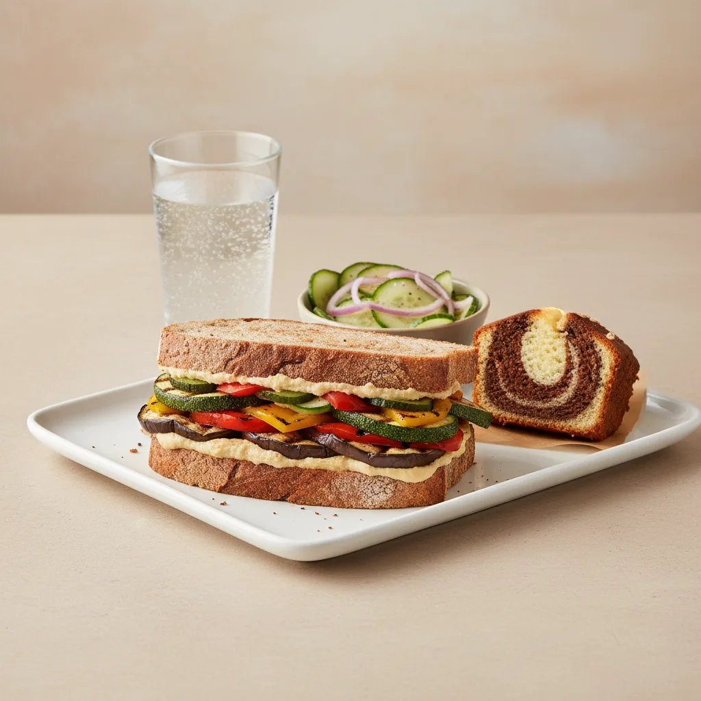 Grilled Vegetable Sandwich, Cucumber Salad, Poundcake, Sparkling Water Grilled Vegetable Sandwich, Cucumber Salad, Poundcake, Sparkling Water